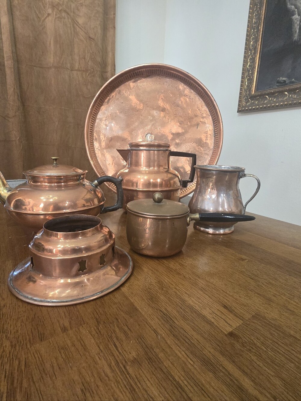 Lot Of Copper Kettle Coffee Percolator Covered Sauce Pan With Lid & Heating Base